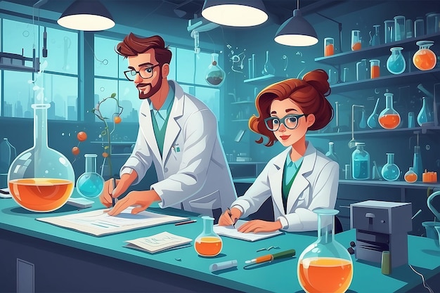 Desenho plano moderno personagens científicas femininas e masculinas no trabalho Desenho conceitual sobre especialistas de laboratórios de química trabalhando em pesquisa e exploração Vector by masha_tace