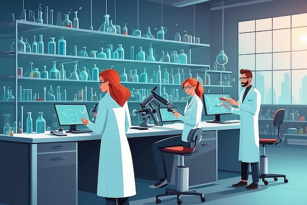 Desenho plano moderno personagens científicas femininas e masculinas no trabalho Desenho conceitual sobre especialistas de laboratórios de química trabalhando em pesquisa e exploração Vector by masha_tace