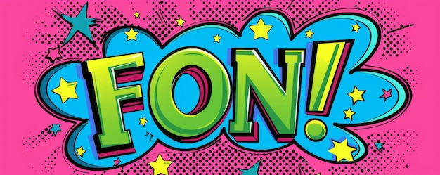 Desenho pop art alegre com a palavra Fun em cores vibrantes e estilo cômico