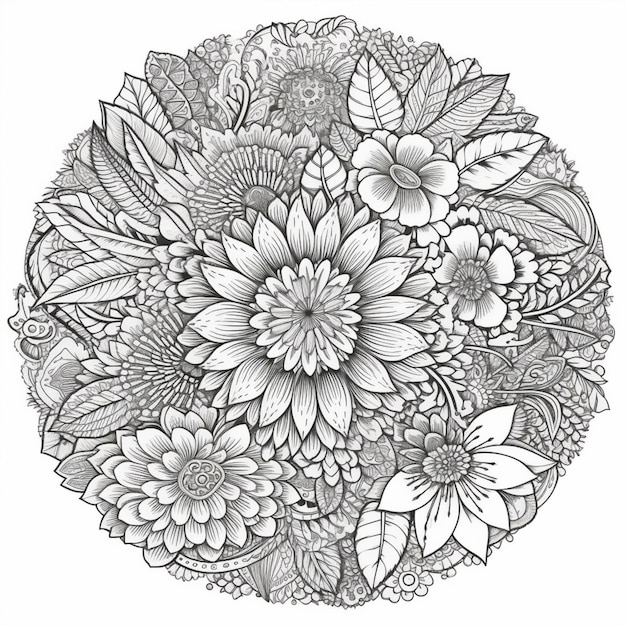 Desenho preto e branco de um círculo com flores e folhas.
