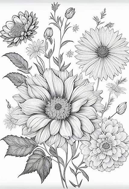 Desenho preto e branco de um ramo de flores generativo ai