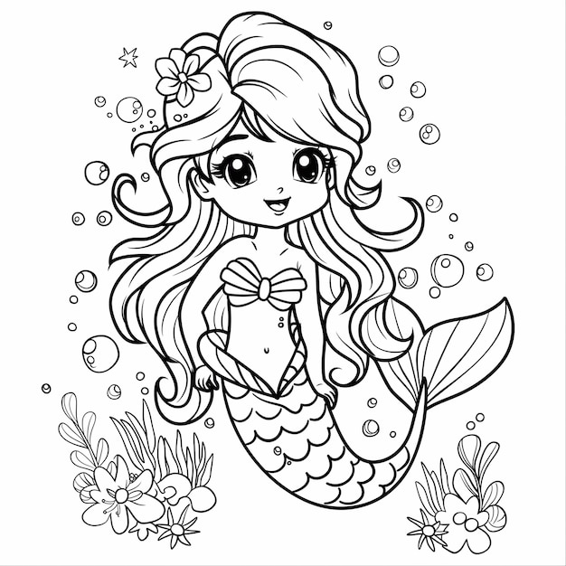 Desenho preto e branco de uma linda sereia em estilo de desenho animado