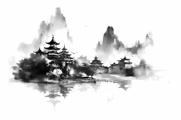 Desenho preto e branco de uma paisagem chinesa.