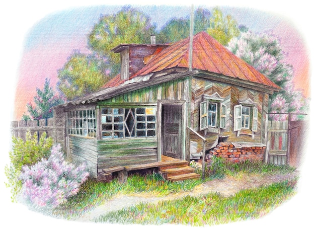 Desenho realista colorido da casa da velha avó. Casa de aldeia no fundo da paisagem