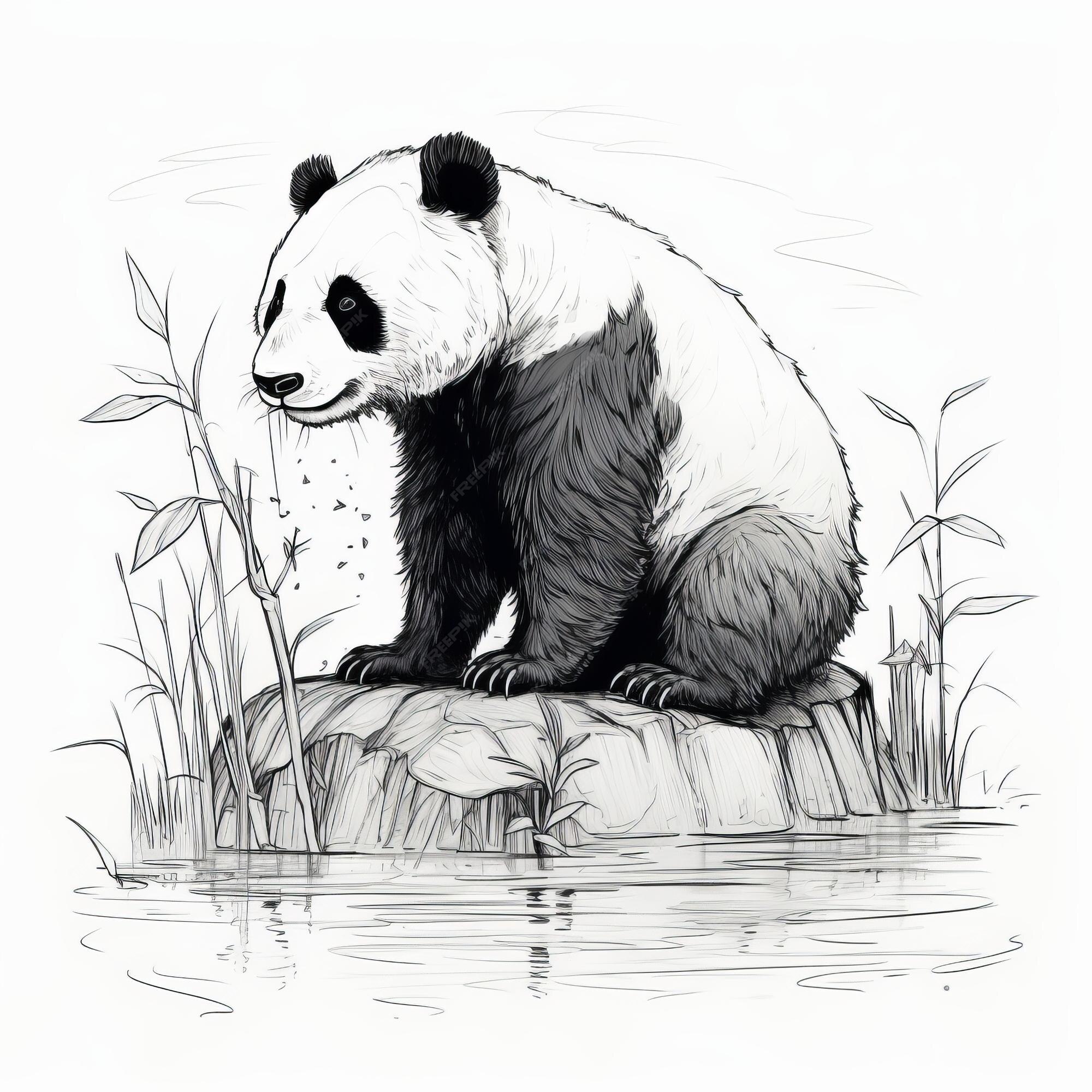 Desenho realista de caneta e tinta de panda sentado na rocha no pântano