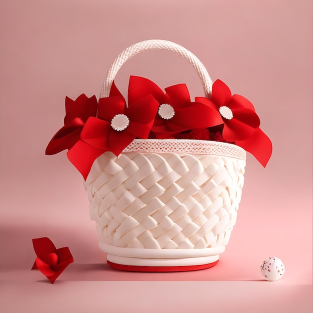 Desenho realista de cesta branca com flores vermelhas com fundo vermelho suave em 8K