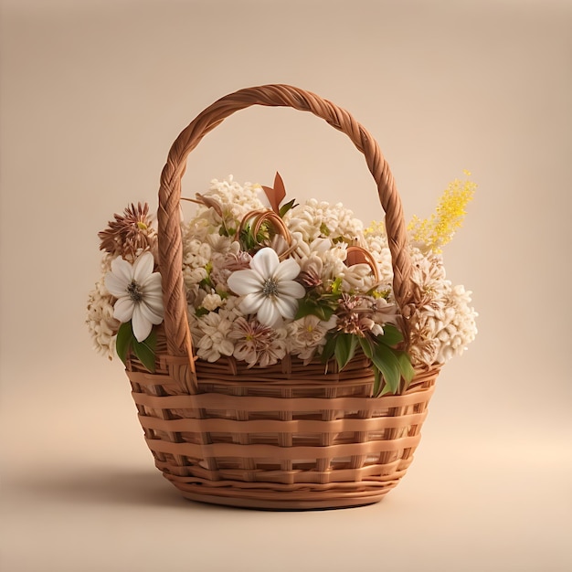 Desenho realista de cesta castanho claro com flores fundo castanho suave em 8K