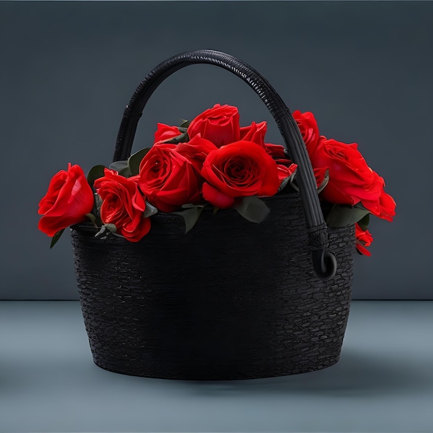 Desenho realista de cesta preta clara com flores vermelhas com fundo cinza suave em 8K