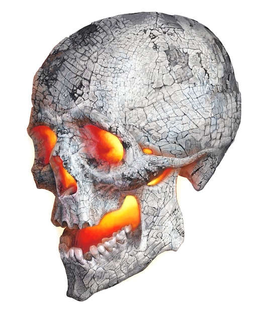 Desenho realista de um crânio humano. Ilustração a cores com uma caveira de cinzas em chamas.