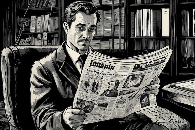 Desenho retrô de homem lendo jornal com tinta vintage