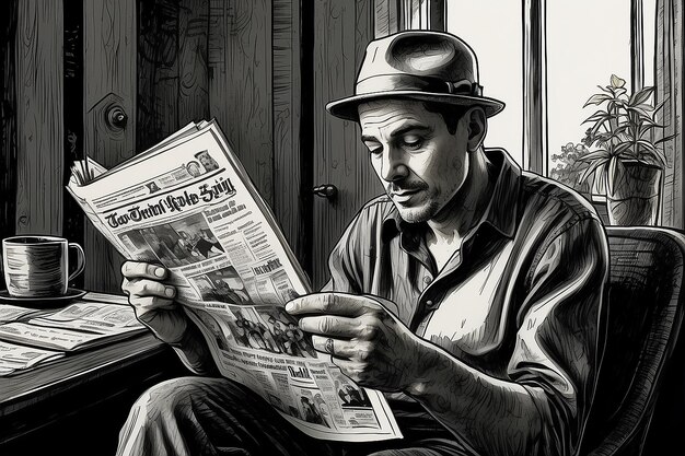 Desenho retrô de homem lendo jornal com tinta vintage