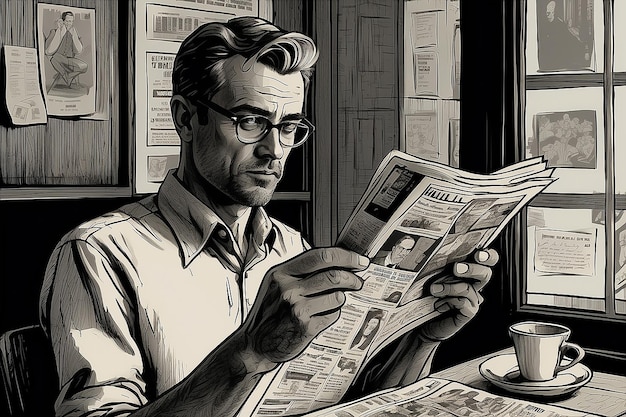 Desenho retrô de homem lendo jornal com tinta vintage