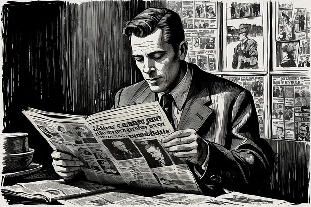 Desenho retrô de homem lendo jornal com tinta vintage