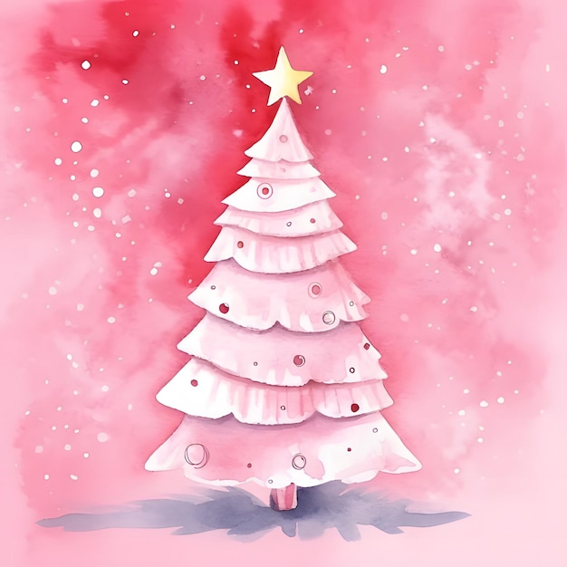 Desenho rosa de uma árvore de Natal em um fundo aquarela rosa pastel ilustração de Natal