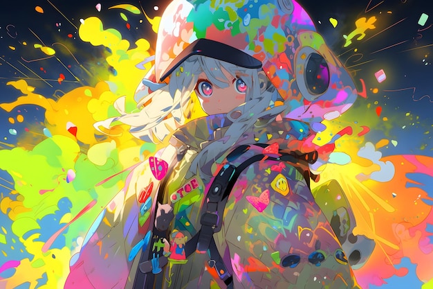 desenho satírico ridículo personagem de anime na cor do arco-íris em um mundo misterioso