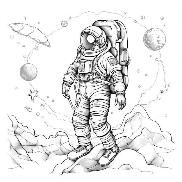 Desenho simples de astronauta para colorir para crianças em estilo de desenho animado com linhas finas nítidas e fundo da estação espacial preto e branco baixo detalhe sem sombreamento fundo branco generativo AI