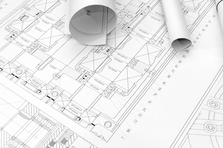 Foto desenho técnico de peças de máquinas de perto