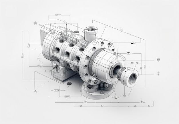 Desenho técnico de uma peça mecânica industrial