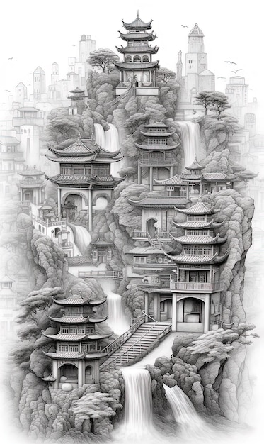 Desenho vertical de uma cidade oriental tradicional entre montanhas, rios e cachoeiras Generative AI