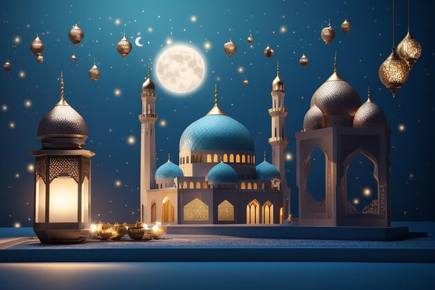 Desenho vetorial de cartão de saudação Ramadan Mubarak plano com mesquita e lâmpada latina e lua
