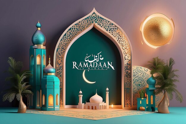 Desenho vetorial de cartão de saudação Ramadan Mubarak plano com mesquita e lâmpada latina e lua