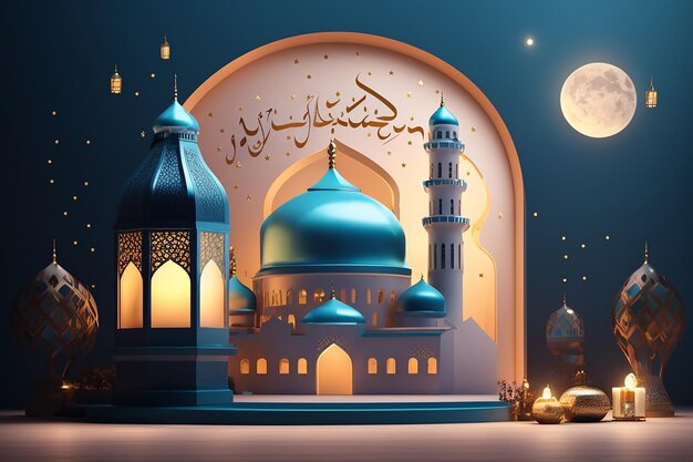 Desenho vetorial de cartão de saudação Ramadan Mubarak plano com mesquita e lâmpada latina e lua