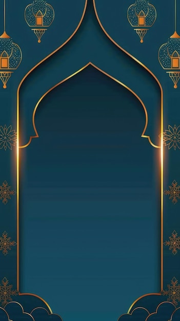 Desenho vetorial do Arco Islâmico Radiante de fundo azul escuro com luz dourada e lanternas