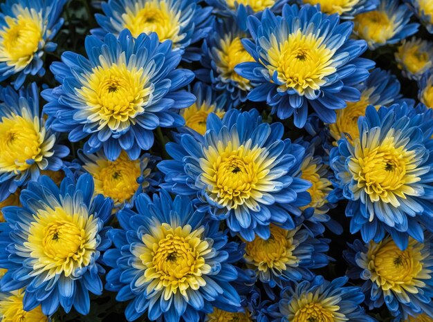 Desenho vibrante de flores azuis e amarelas de crisantemo
