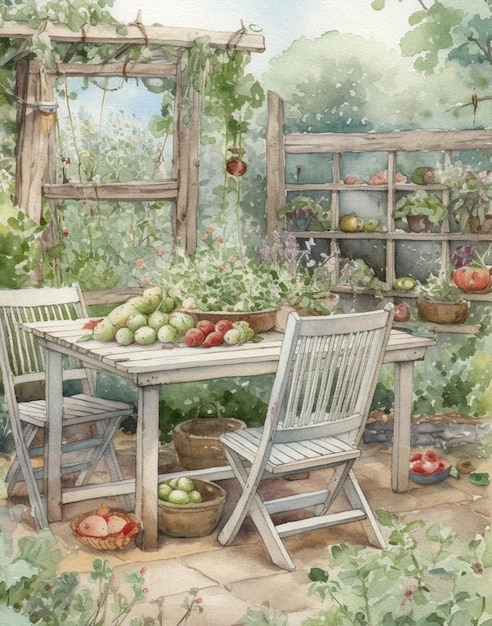 desenho vintage de verão aquarela de uma casa de verão na aldeia no jardim e com um vegetal