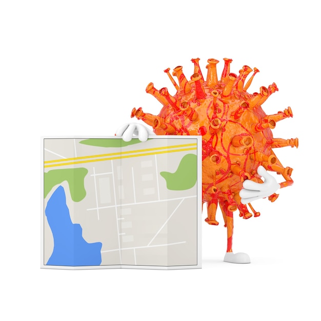 Desenhos animados Coronavirus COVID-19 vírus mascote personagem personagem com mapa de plano de cidade abstrata em um fundo branco. Renderização 3D