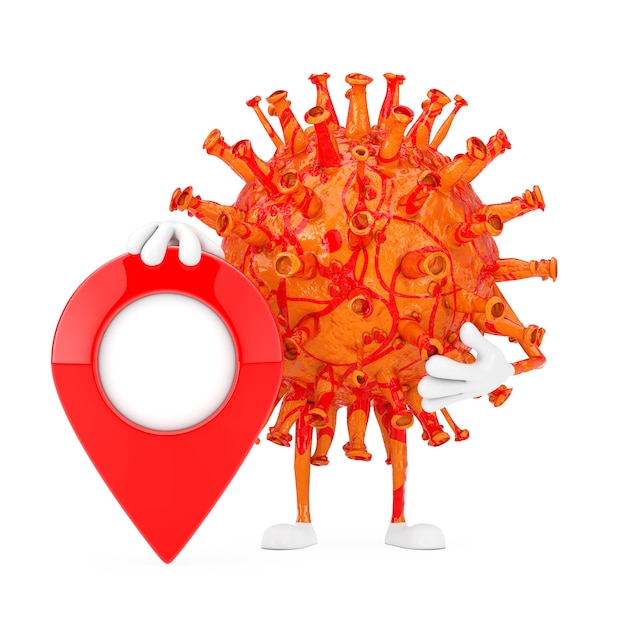 Desenhos animados coronavirus covid-19 vírus mascote personagem personagem com mapa vermelho ponteiro ponteiro pino sobre um fundo branco. renderização 3d