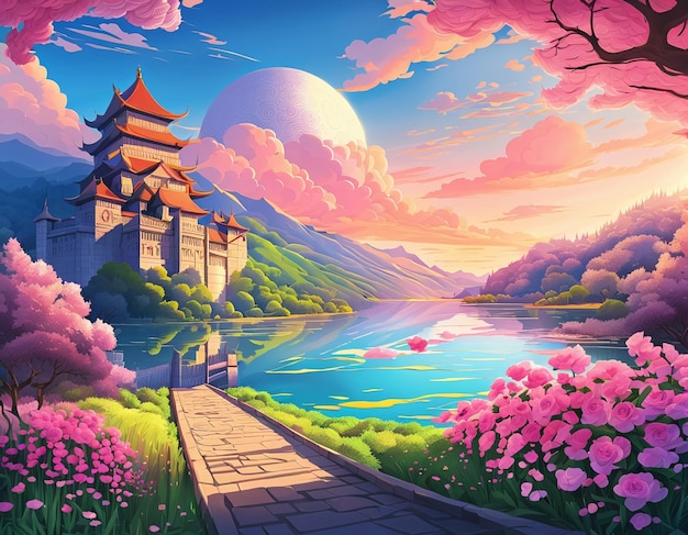 Desenhos animados estilo cômico flores cor de rosa árvores e papel de parede de fundo de ilustração de castelo de fantasia