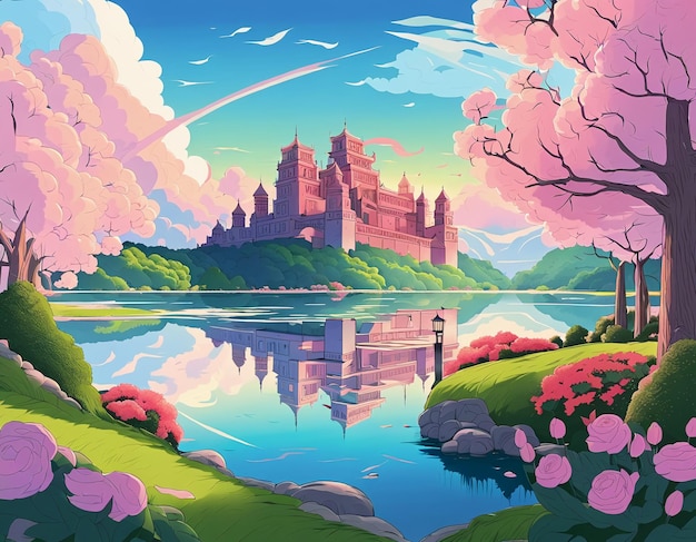 Desenhos animados estilo cômico flores cor de rosa árvores e papel de parede de fundo de ilustração de castelo de fantasia