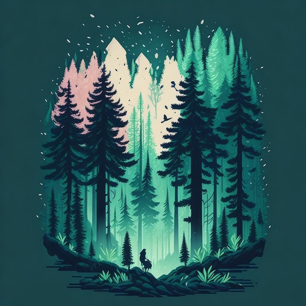 Desenhos animados floresta de pinheiros paisagem mágica camiseta design realista vetor