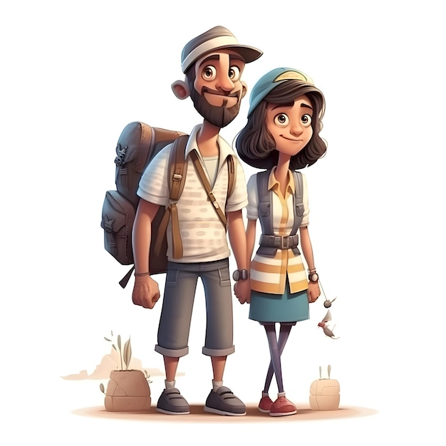 Desenhos animados homem e mulher turistas com ilustração vetorial de mochilas