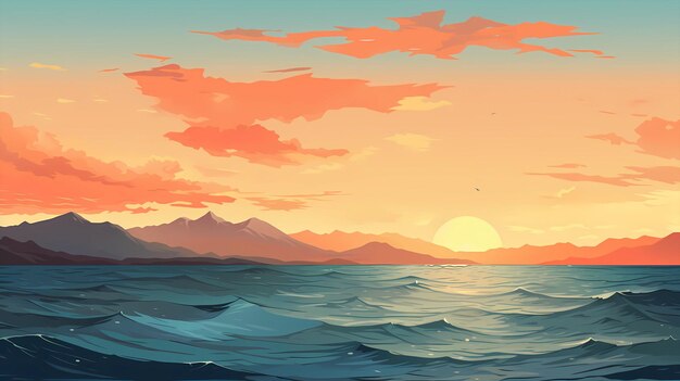Foto desenhos animados pintados à mão bela ilustração da paisagem do mar sob o pôr do sol