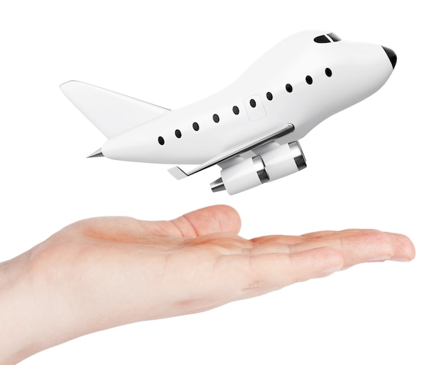 Desenhos animados Toy Jet Airplane mão sobre um fundo branco. Renderização 3D.