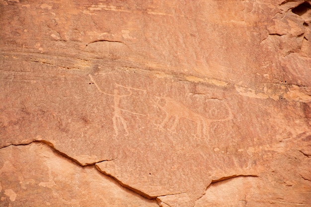 Desenhos antigos na pintura rupestre do deserto de Wadi Rum Jordan