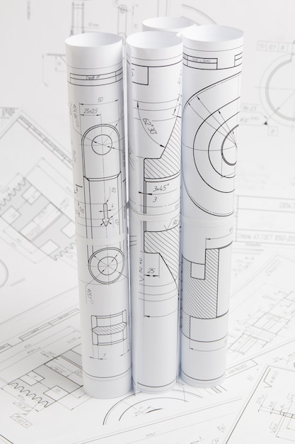 Foto desenhos de engenharia de peças e mecanismos industriais