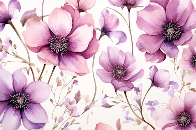 Desenhos de ilustração de padrão de flores coloridas em aquarela Ai generativo