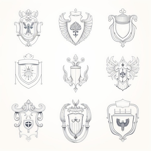 Desenhos de linhas minimalistas de escudos e cristas reais em fundo branco