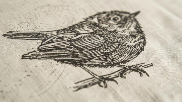 Foto desenhos de linocut impressos à mão de um bebê robin bird em linho natural