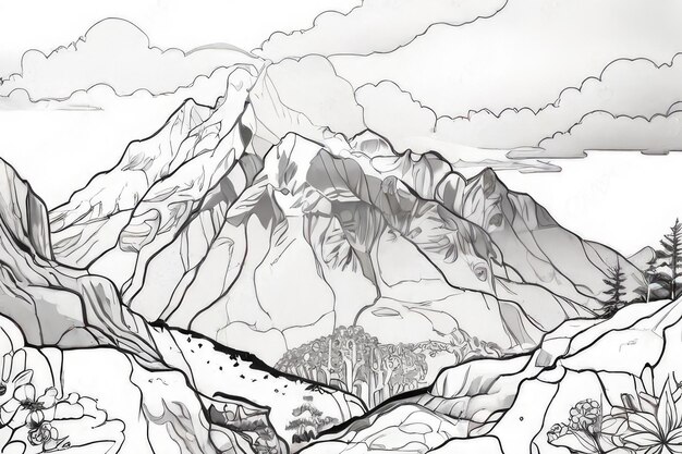 Desenhos de uma montanha em preto e branco