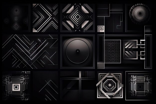 Desenhos geométricos abstratos e tipografia em fundo preto criado com ai generativo