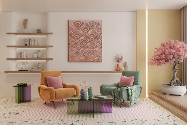 Foto desenhos interiores coloridos e vibrantes da sala de estar adornados com móveis aconchegantes