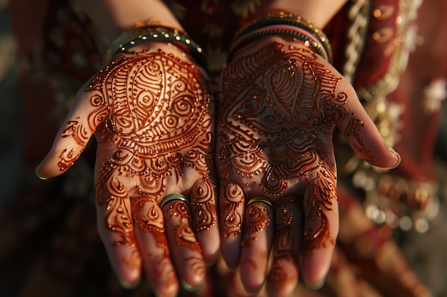 Desenhos intrincados de henna adornam as mãos