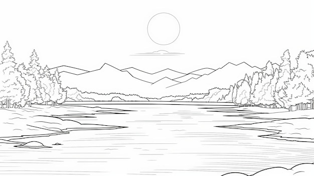 Desenhos para colorir de paisagens para adultos, montanha, lago, floresta, árvore e lago