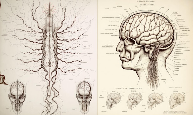 Desenhos retrô do sistema nervoso Linda ilustração colorida Estilo vetorial IA generativa