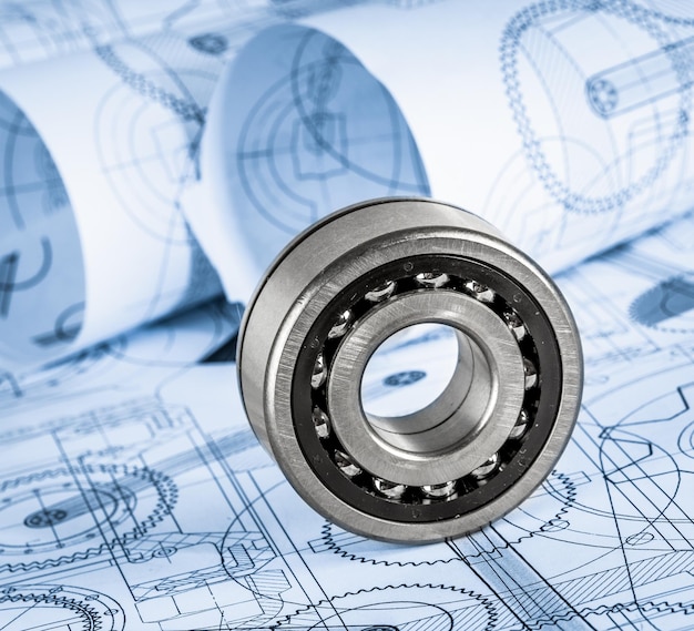 Desenhos técnicos com o rolamento em uma tonalidade azul