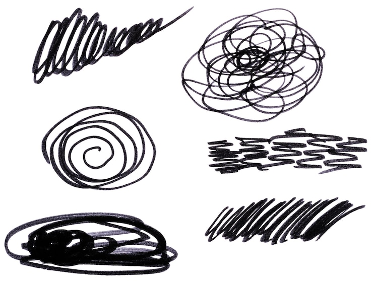 Foto desenhou rabiscos e círculos caóticos em um fundo branco com uma caneta preta